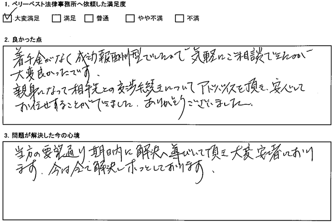 親身になって相手先との交渉弁護についてアドバイスを頂き、安心してお任せすることができました